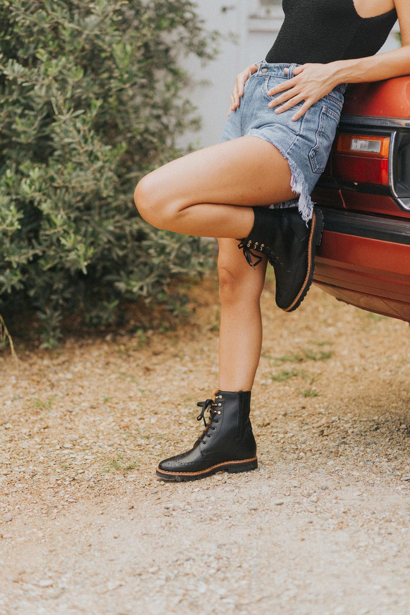 Gaia Lace-up Brogue Boots - Black Leather Gaia Soul Designs
