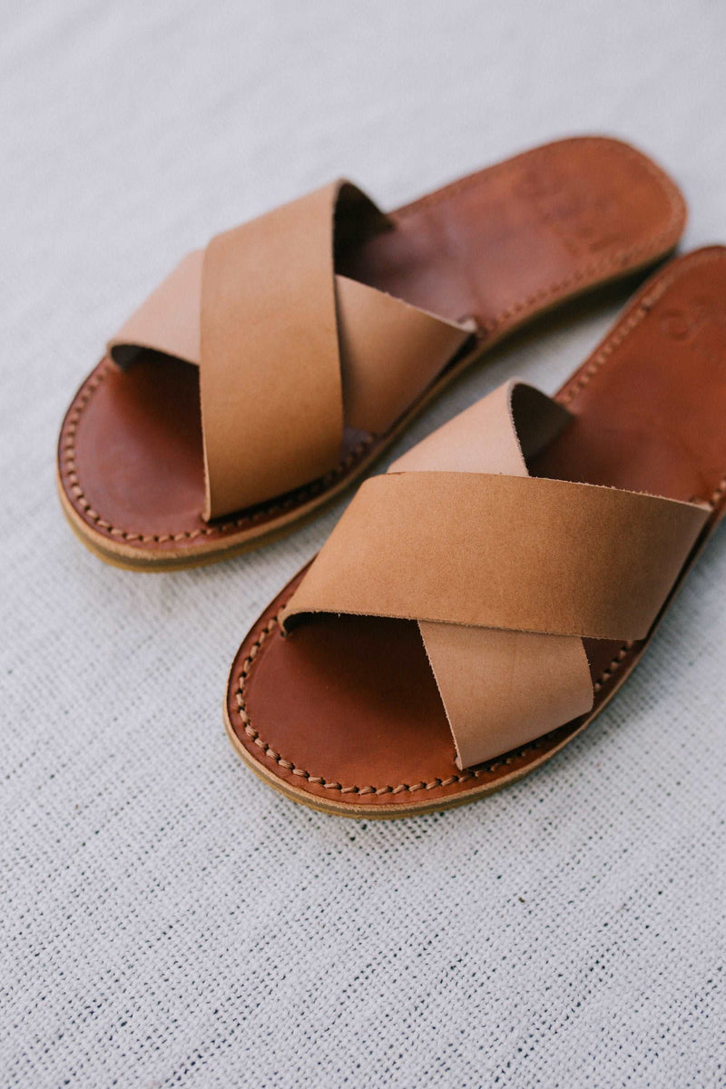 Design Brown Italian Leather Crossover Slippers with foreign sole