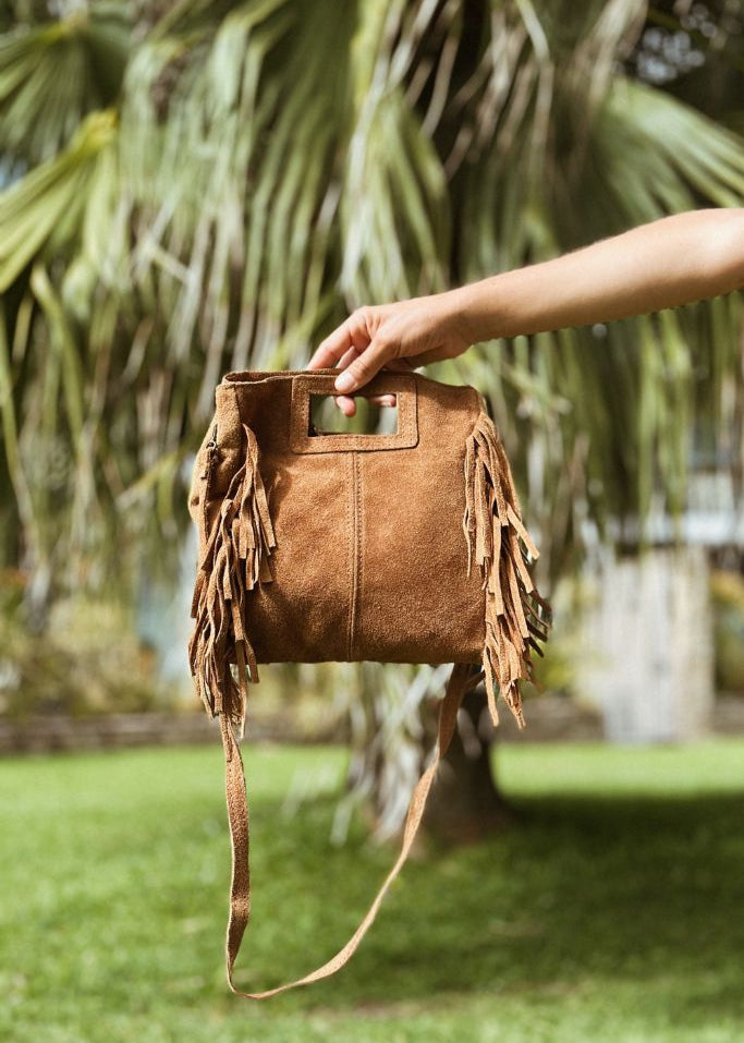 Maya Handbag – Brown Suede Fringe Crossbody Bag