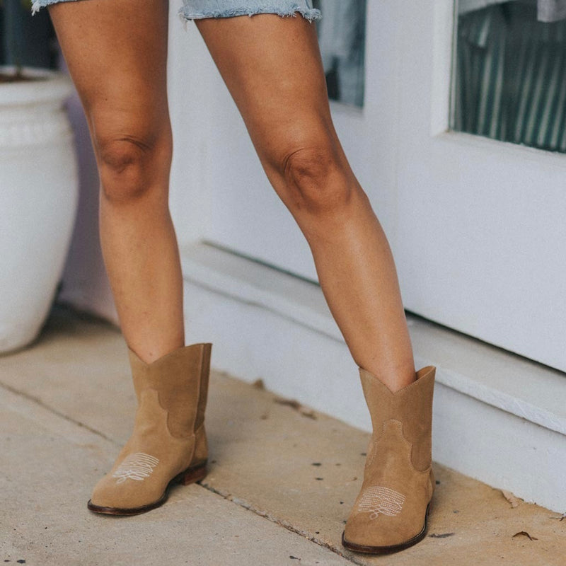 SECONDS - Daisy Round Toe Cowboy Ankle Boots - Brown Suede Gaia Soul Designs