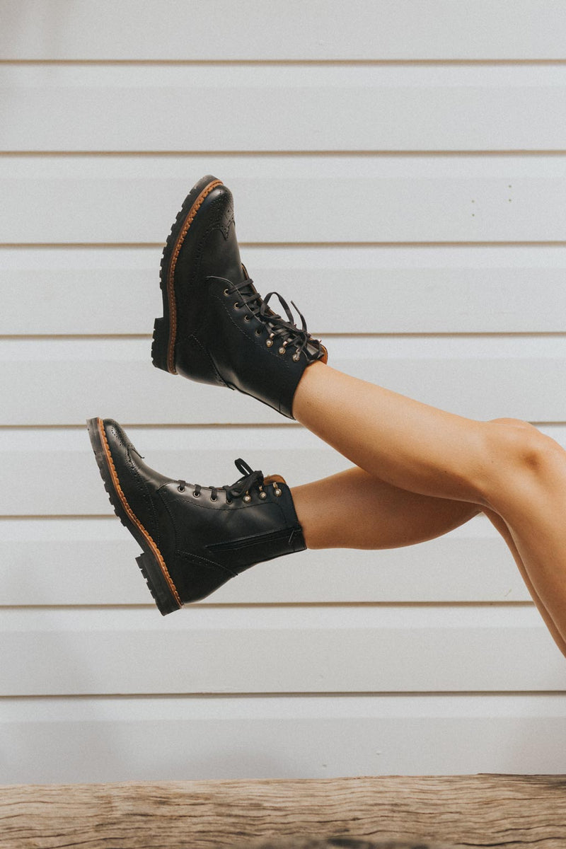 Gaia Lace-up Brogue Boots - Black Leather Gaia Soul Designs